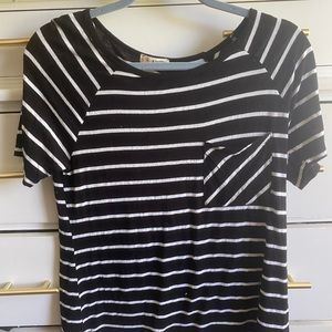 black & white striped short sleeve shirt.